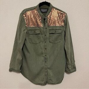 Anthropologie Olive Green and Bronze Sequin Button Down Shirt Size 8